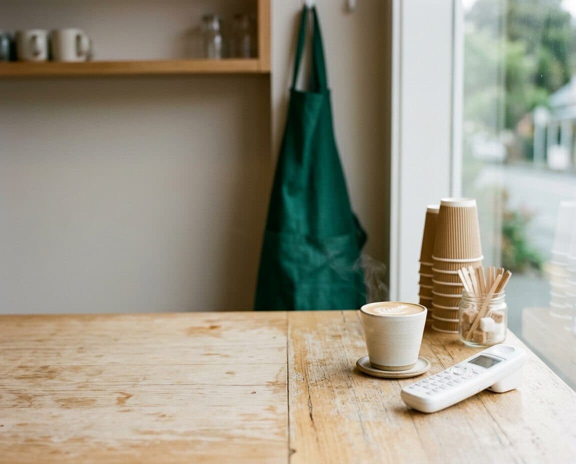 A cafe counter in morning light with a flat white, takeaway cups and a cordless phone handset resting on the timber bench.